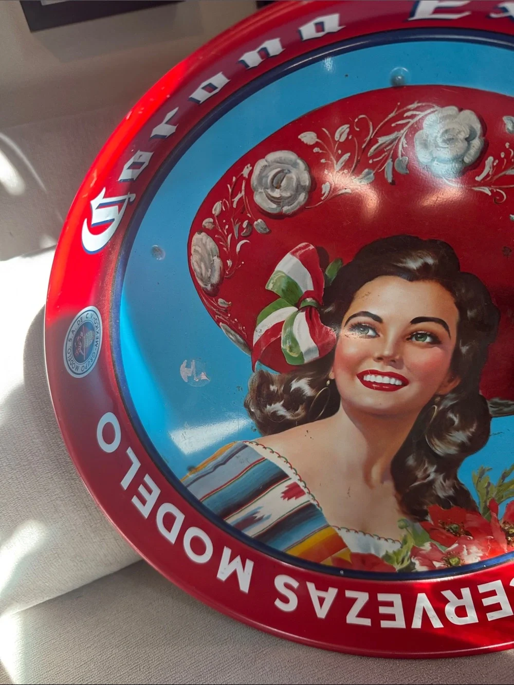 Vintage Red and Blue Mexican Lady Wall Tray by Vintage